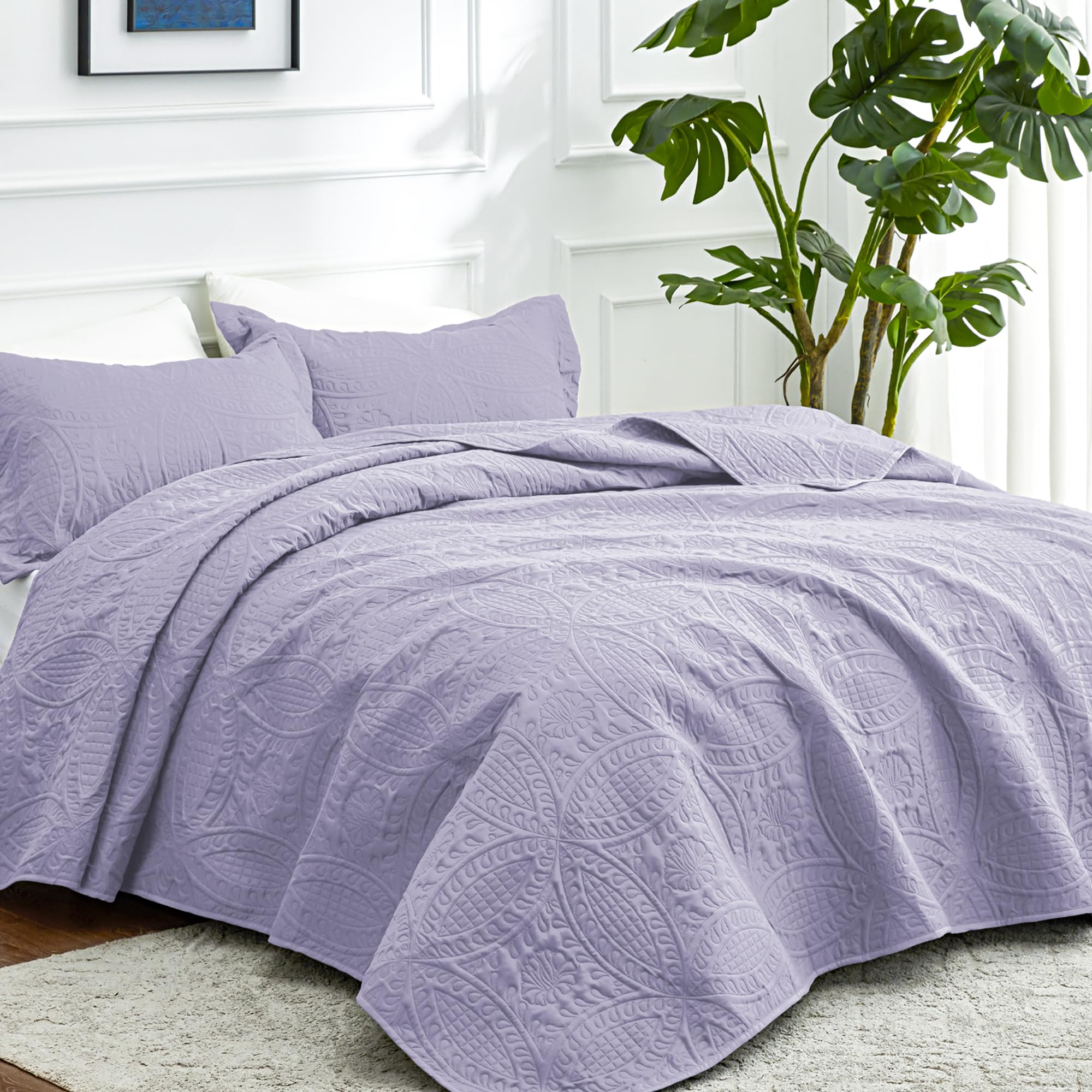 Love's cabin lavender coin-pattern coverlet with matching shams for a cohesive look