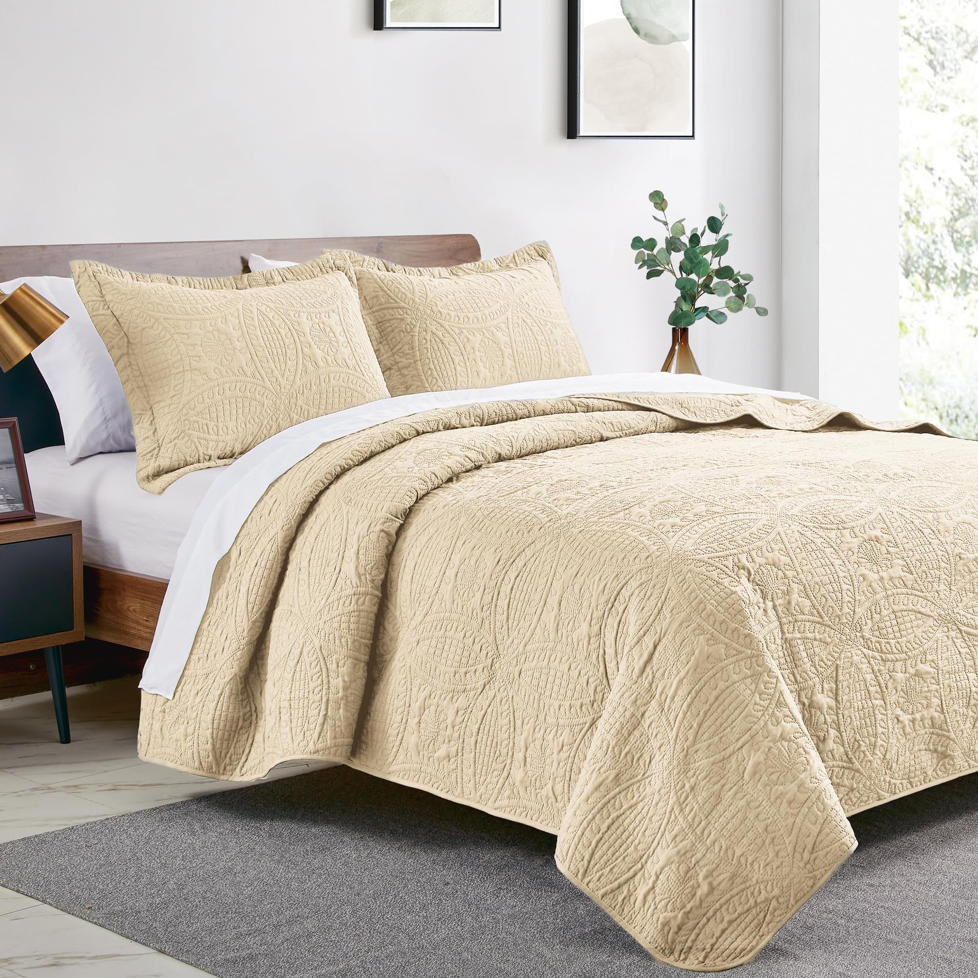 Love's cabin coin-pattern coverlet shows lightweight embossed texture.