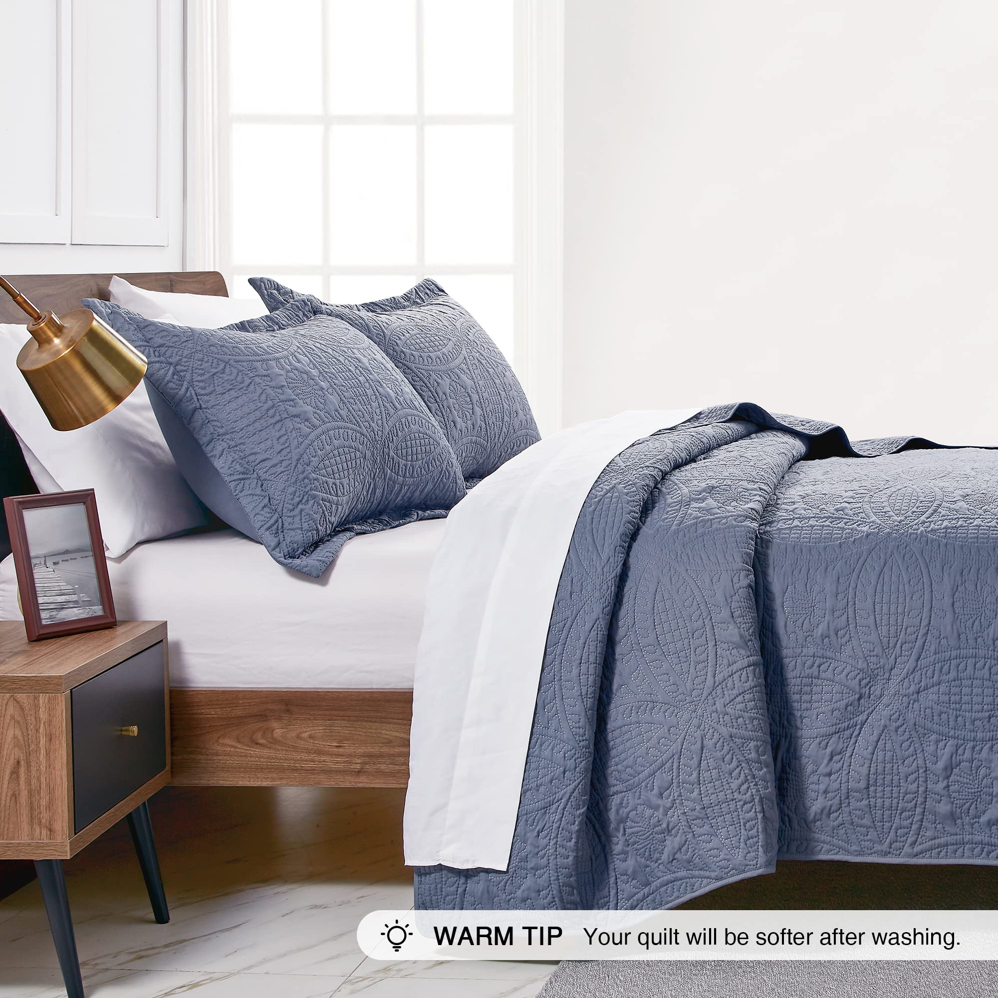 Love's cabin coverlet shown with matching shams for all-season use.