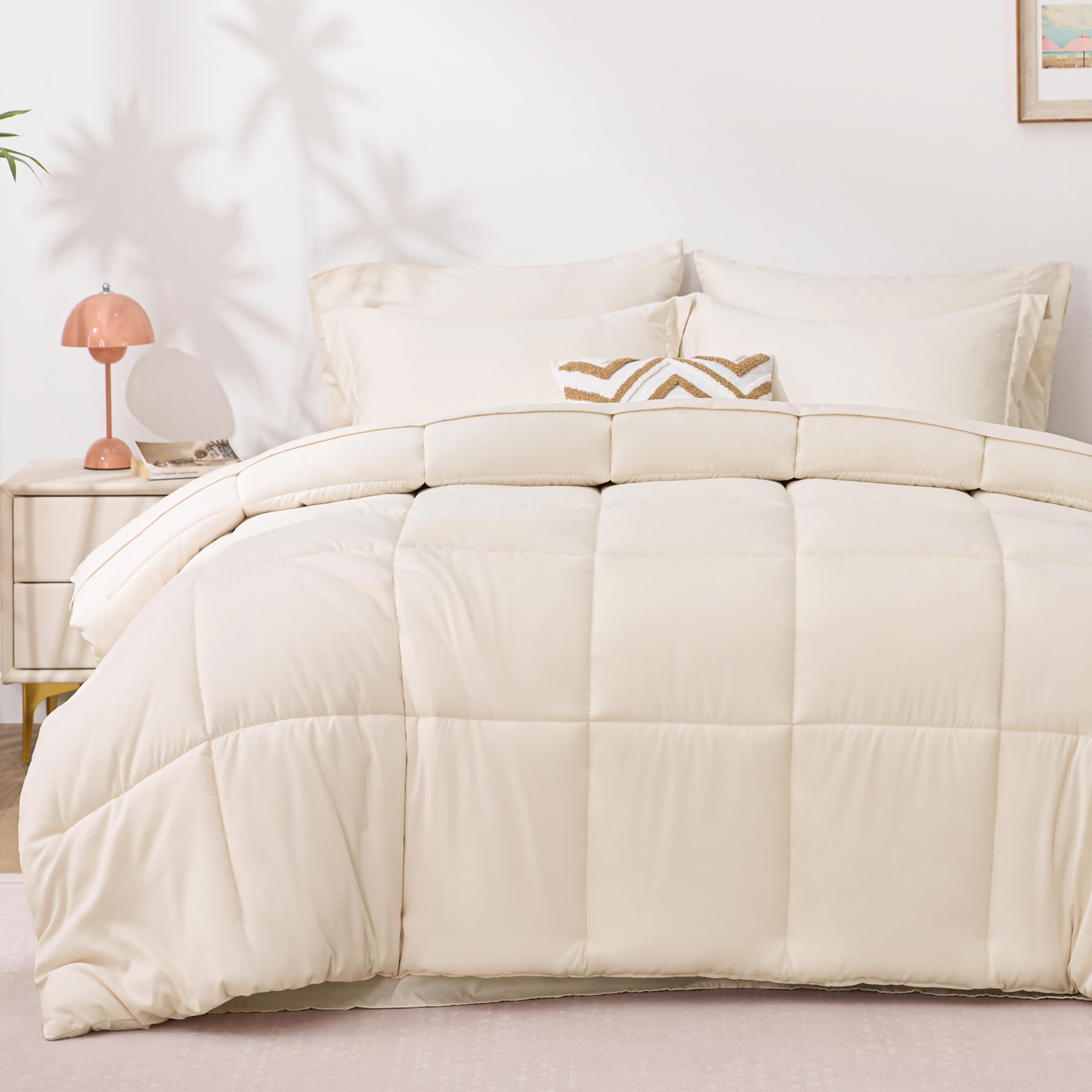 Love's cabin king-size beige comforter on bed for all-season warmth and softness.