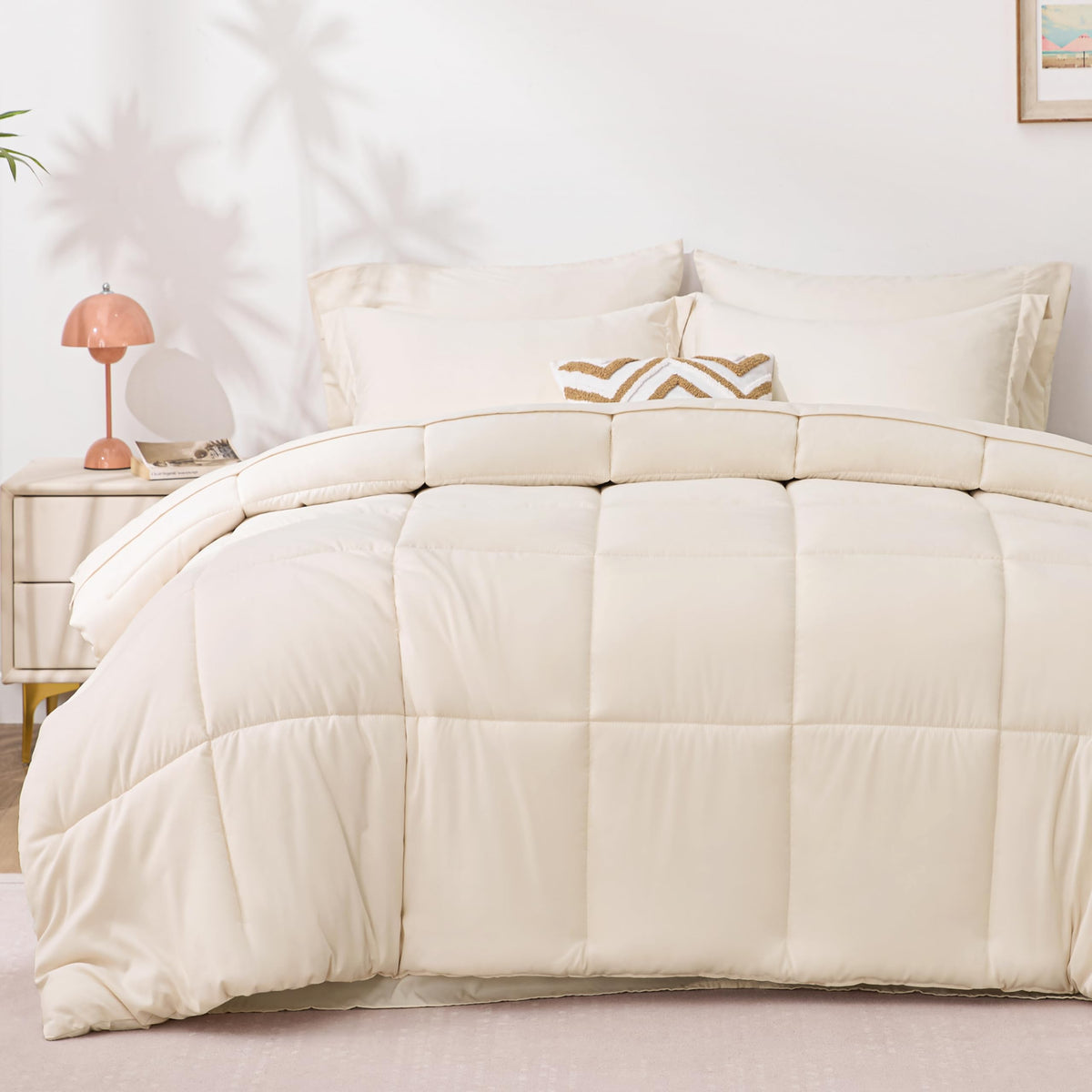 Love's cabin king-size beige comforter on bed for all-season warmth and softness.