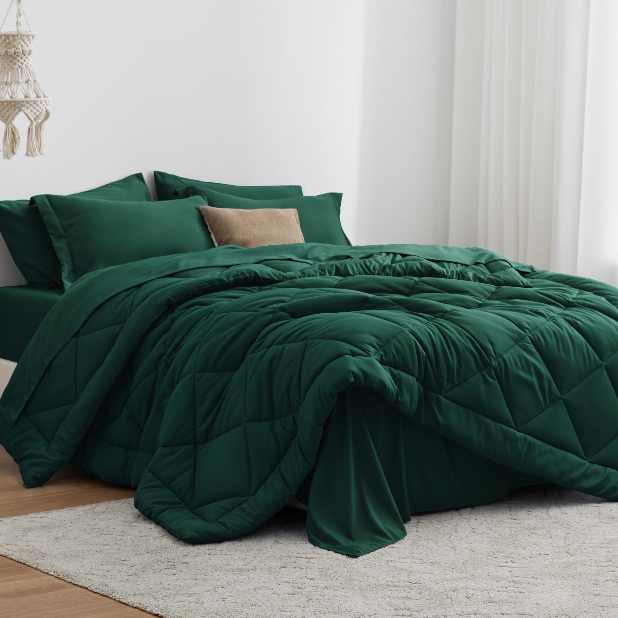 Love's cabin king-size comforter set in dark green for a plush, inviting bed look.