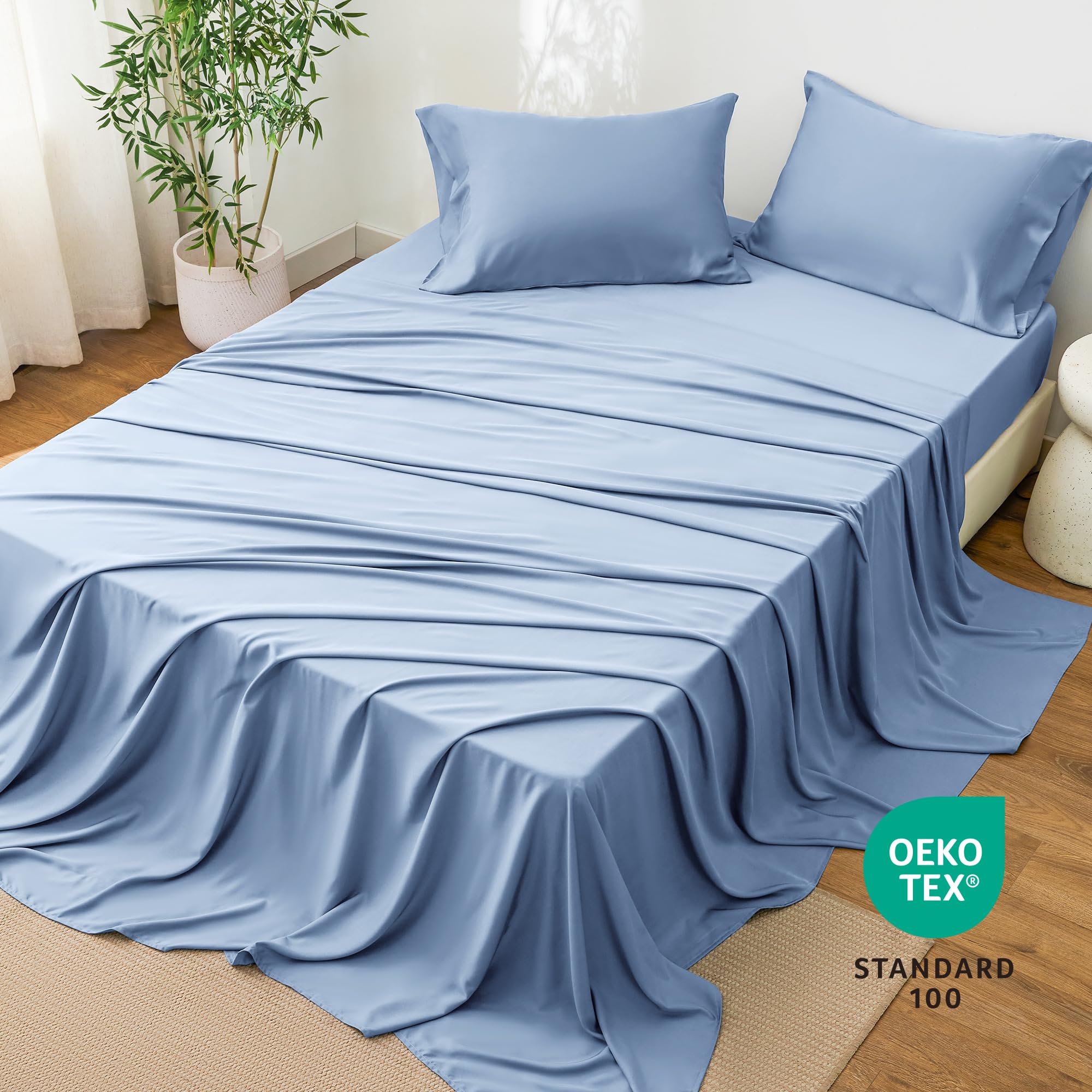 Love's cabin mineral blue bed setup enhances a luxurious look.