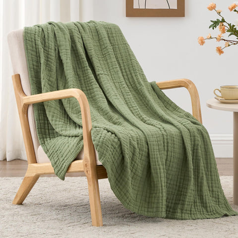 Love's cabin sage green muslin blanket shows breathable six-layer weave for year-round comfort