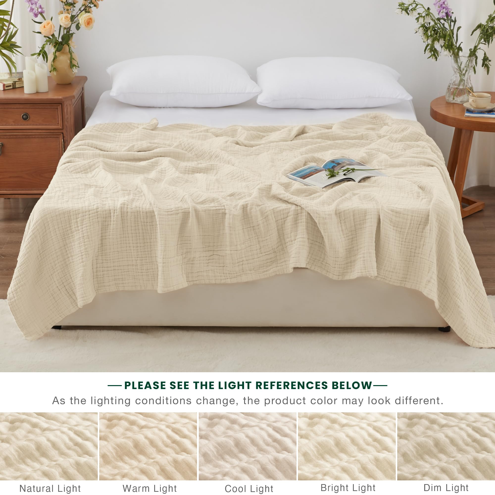 Love's cabin muslin blanket on a couch in beige color for cozy nights.