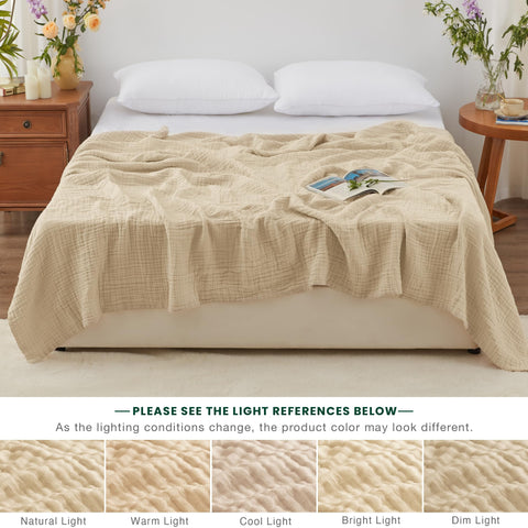 Love's cabin muslin blanket in khaki to match modern décor.