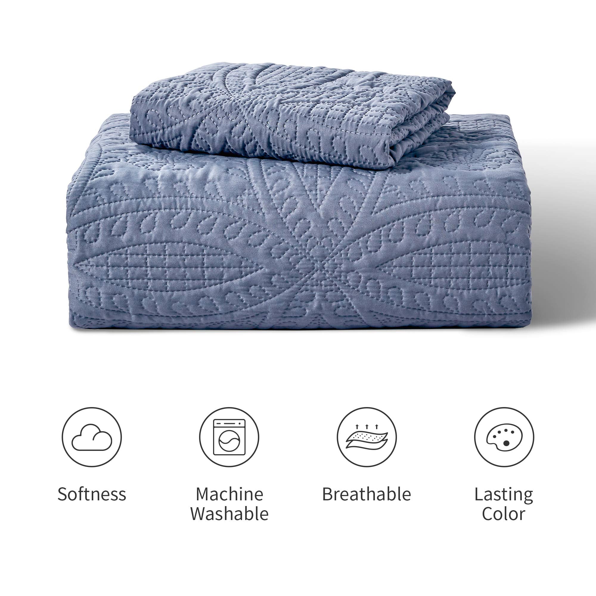 Love's cabin quilt set in blue in a pet-friendly bedroom setup.