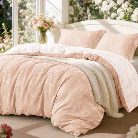 Love's cabin pink full-size comforter in a serene bedroom scene for all-season warmth.