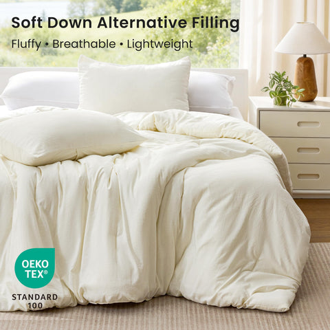 Love's cabin linen-look texture close-up on beige comforter