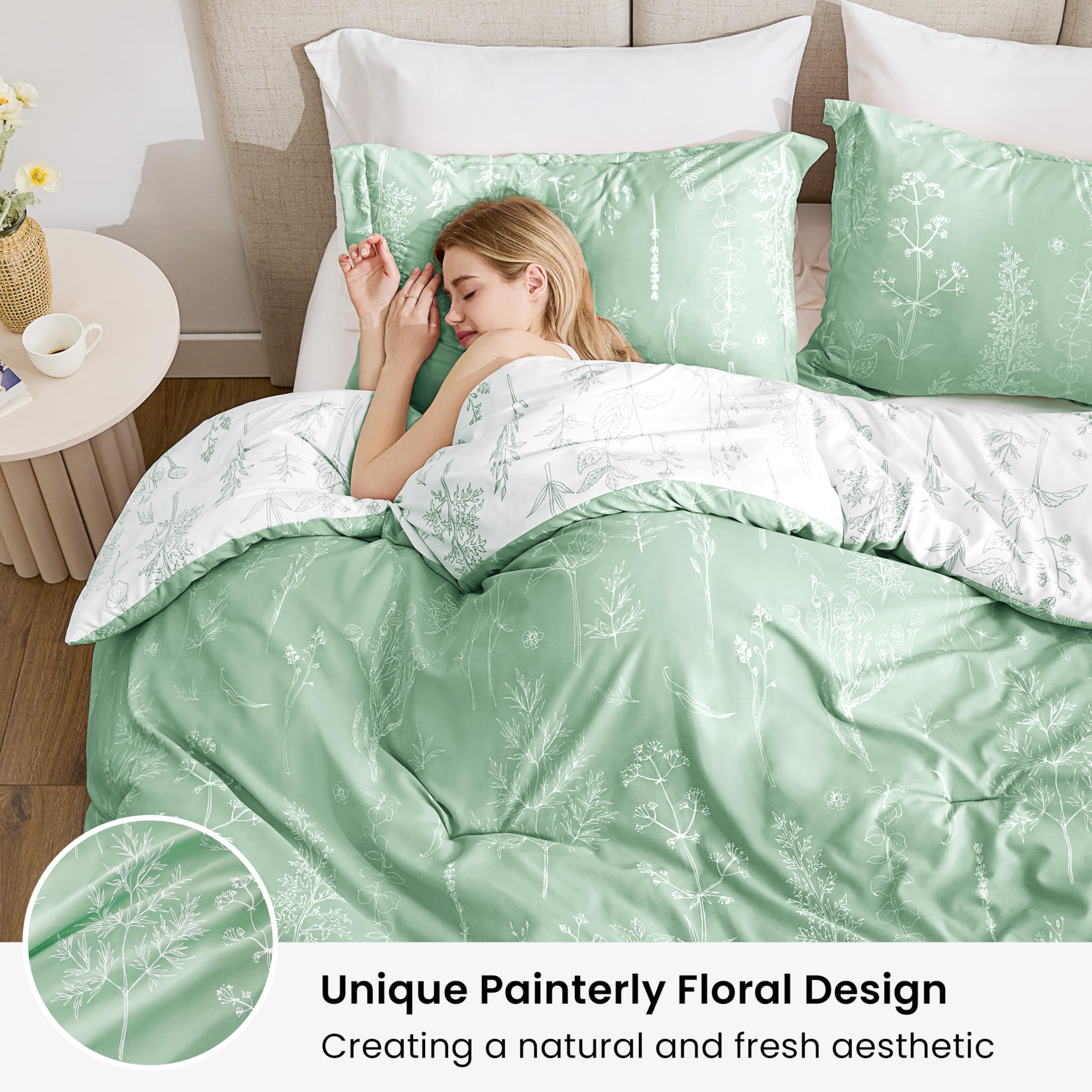 Love's Cabin Sage Green Comforter Set Queen with cloud-like down alternative fill for warmth without bulk.