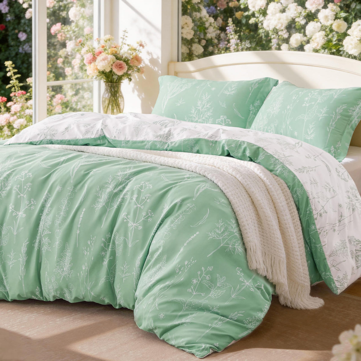 Love's Cabin Sage Green Comforter Set Queen front view on bed with floral pattern for all-season comfort.