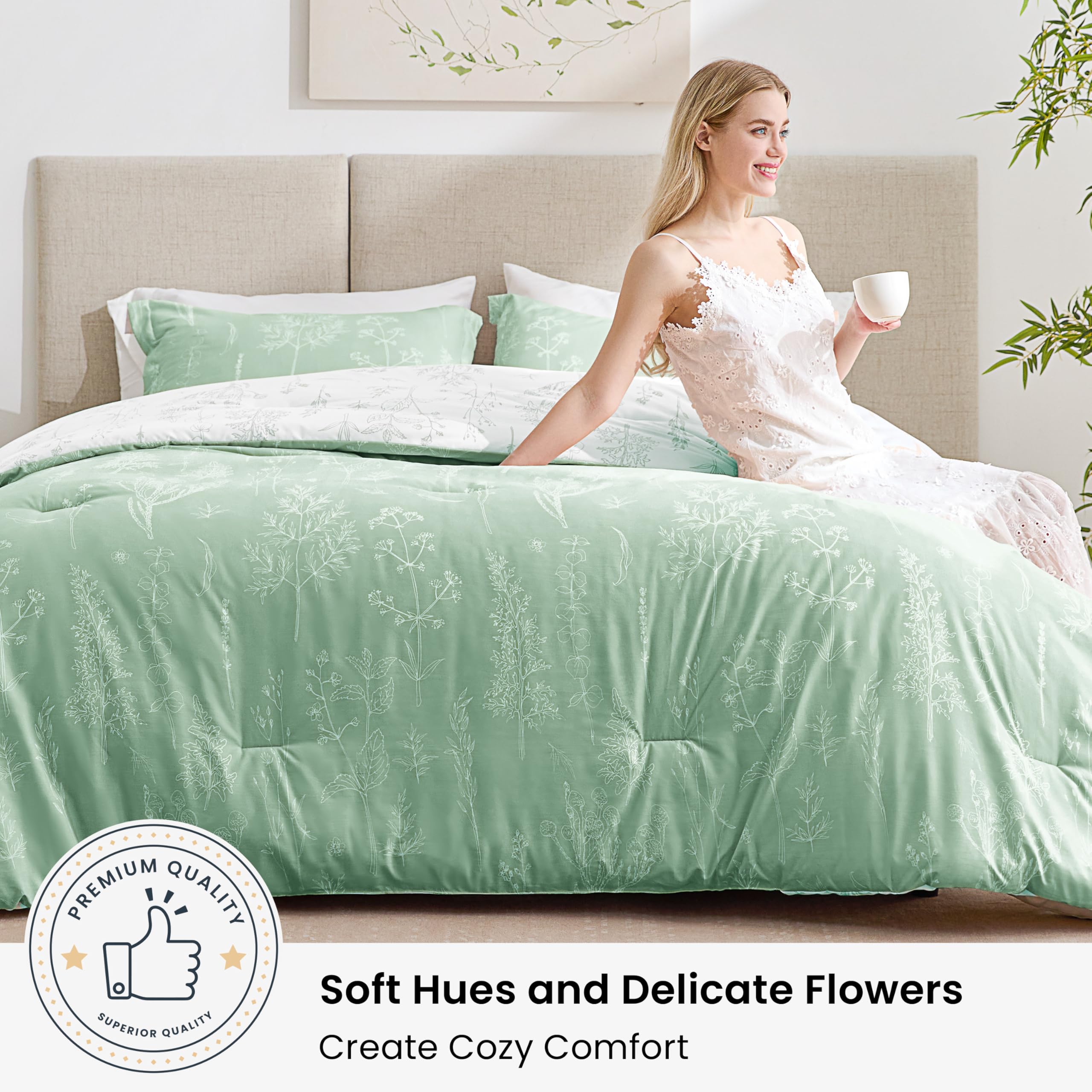 Love's Cabin Sage Green Comforter Set Queen reversible design showcasing contrasting colors for quick decor refresh.