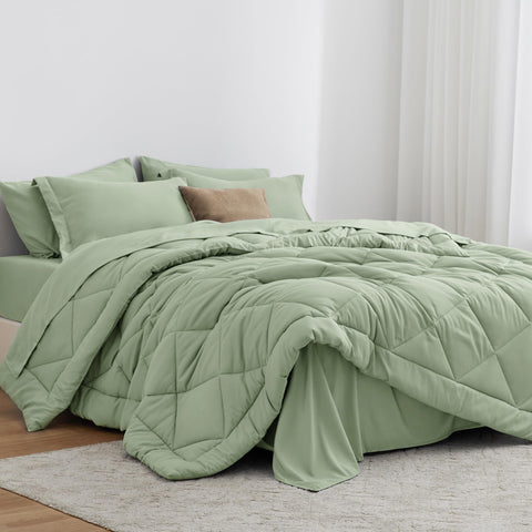 Love's cabin sage twin comforter on bed showing soft fabric and cozy warmth