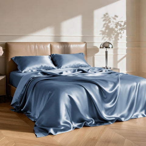 Love's cabin satin queen ash blue bedroom scene showing luxurious drape