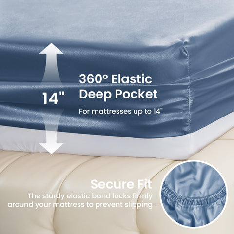 Love's cabin satin queen ash blue deep-pocket feature fits mattresses up to 14 inches