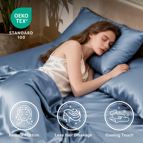 Love's cabin satin queen ash blue pillowcases with envelope closure for secure fit