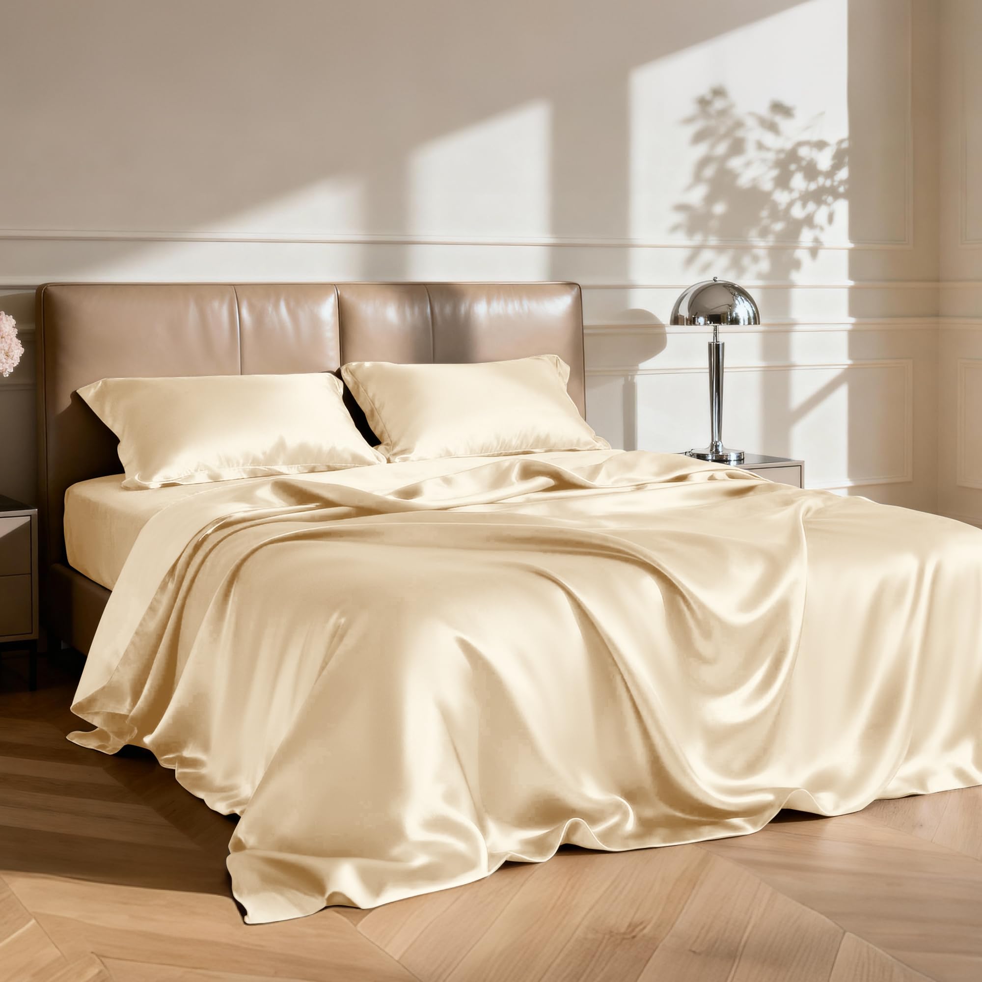 Love's cabin satin queen fitted sheet with deep pockets ensures snug mattress grip.