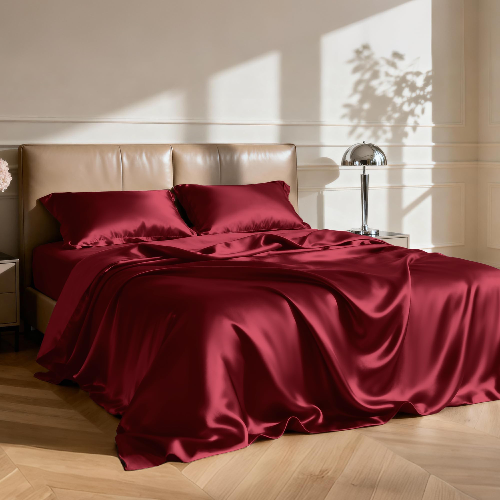 Love's cabin satin queen fitted sheet with deep pockets keeps snug fit on fluffy mattresses.