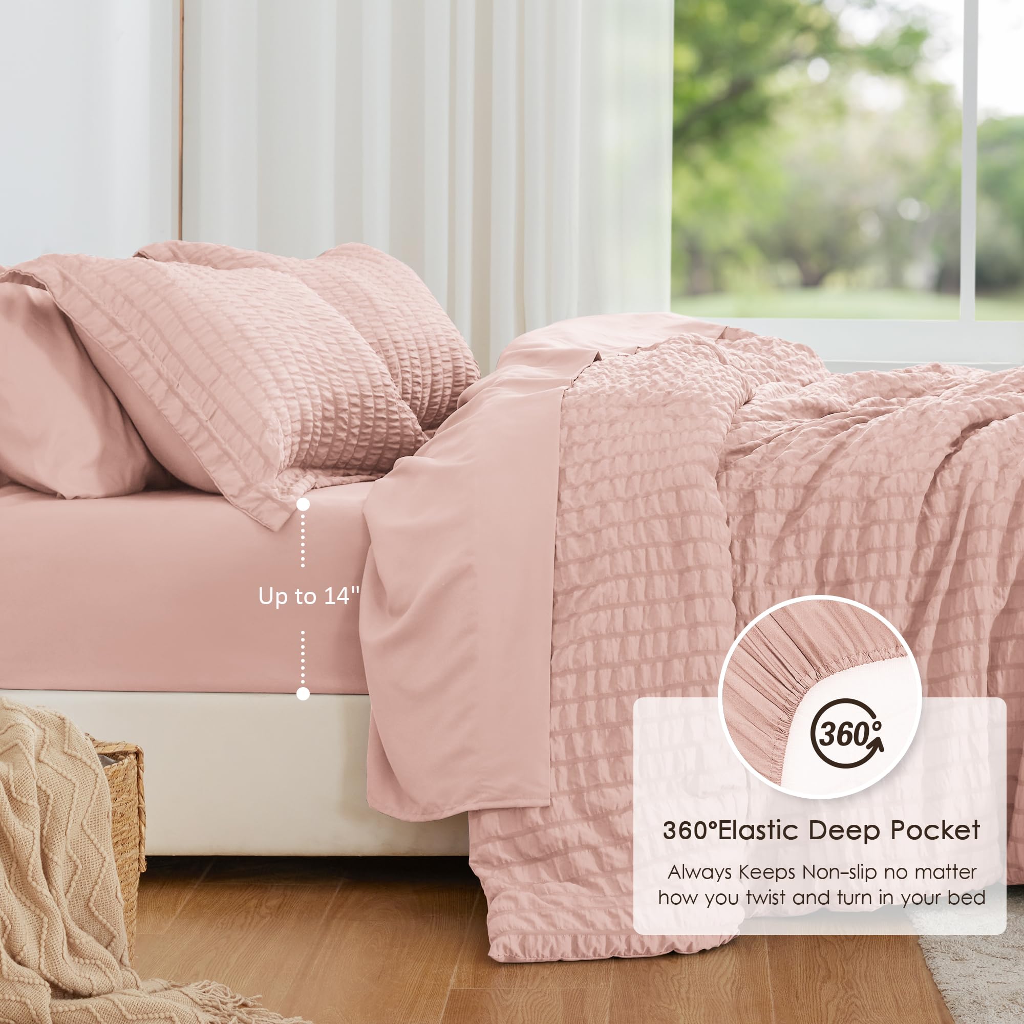 Love's cabin seersucker pink twin fitted sheet provides secure fit on bed.