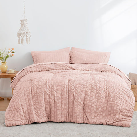 Love's cabin seersucker pink twin flat sheet demonstrates breathable, all-season comfort.