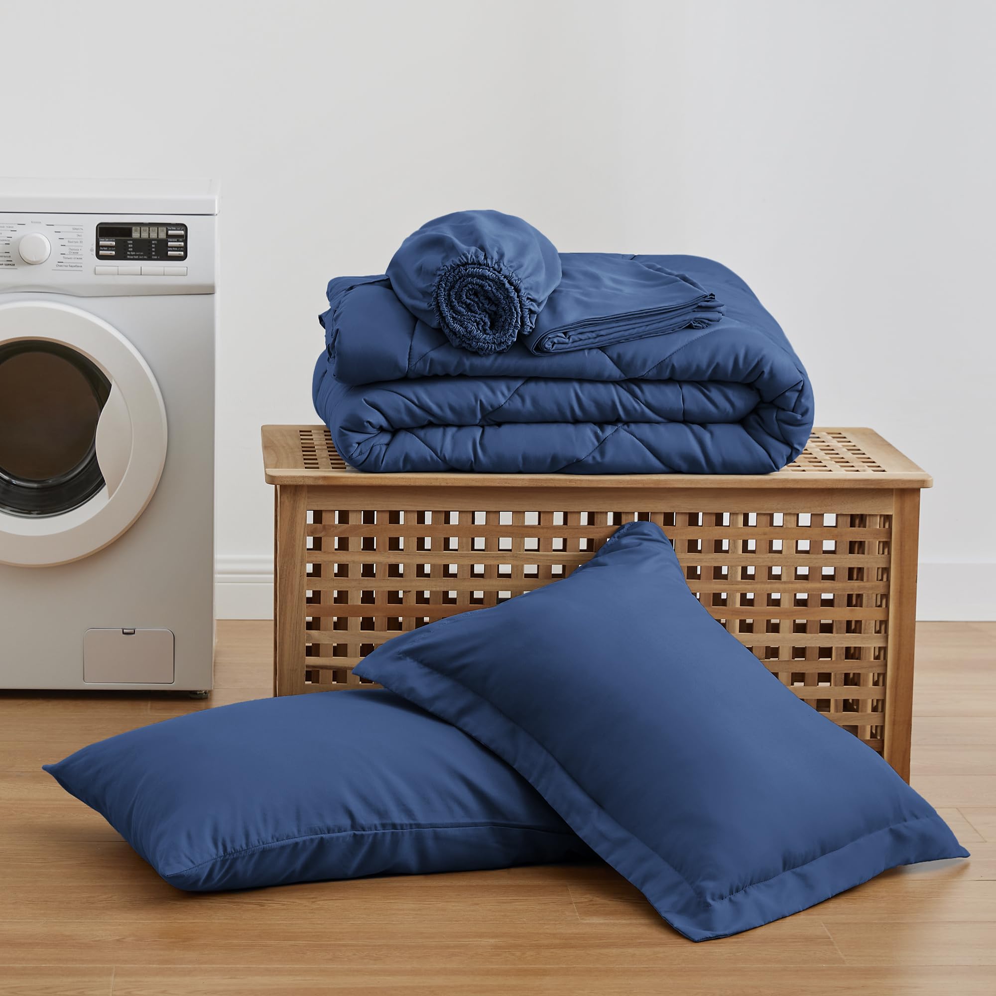 Love's cabin Twin Comforter Set Dark Blue bed-in-a-bag on a tidy twin bed.