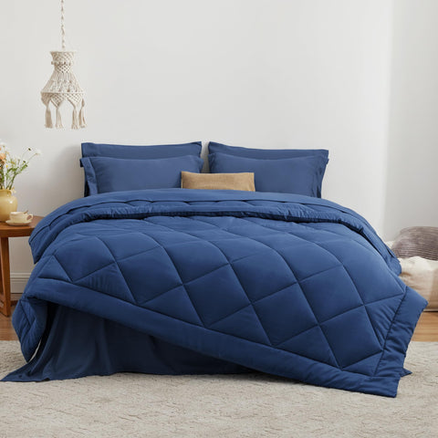 Love's cabin Twin Comforter Set Dark Blue box-stitching detail prevents shifting, ensuring lasting warmth.