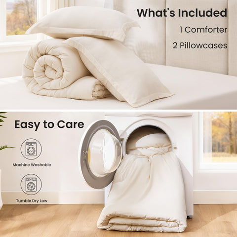 Love's Cabin beige king bedding ensemble arranged for a tidy look