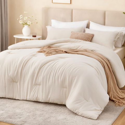 Love's Cabin beige king comforter setup showing soft breathable bedding ensemble