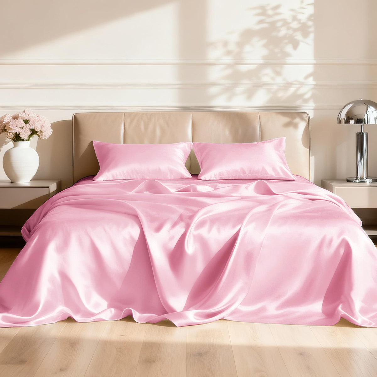 Love's cabin satin king flat sheet with silky finish for gentle hair and skin.