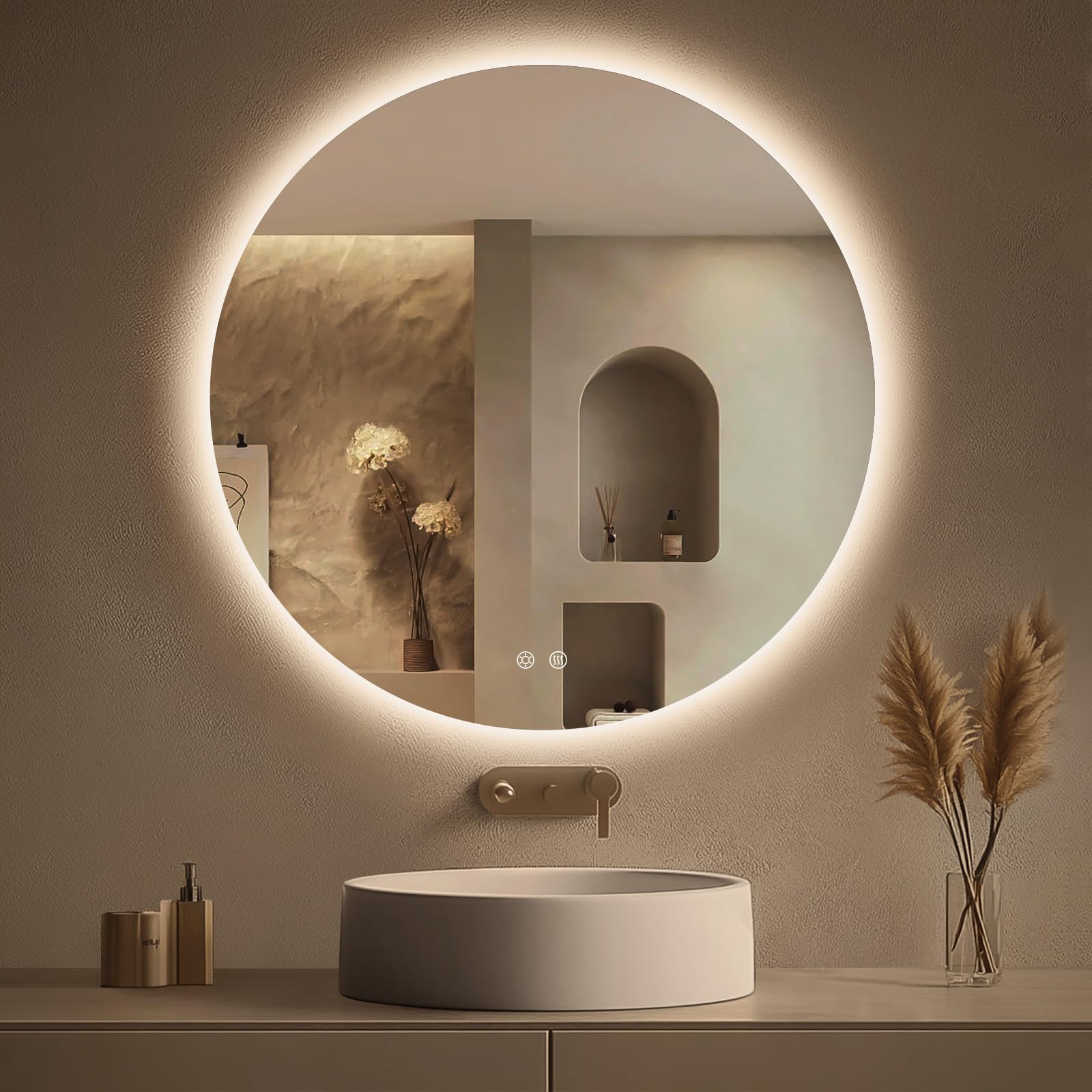 Lovespejo 30-Inch Round Backlit Mirror with ambient glow for mornings