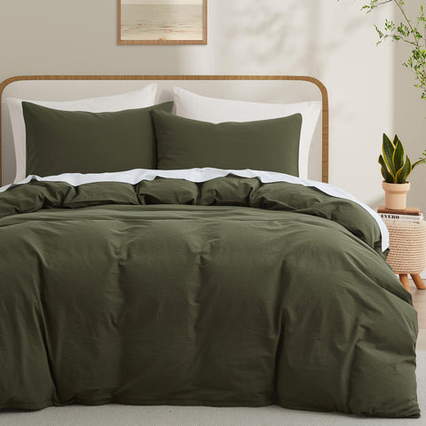LOVQUE olive green cotton duvet cover for queen bed, soft and breathable.