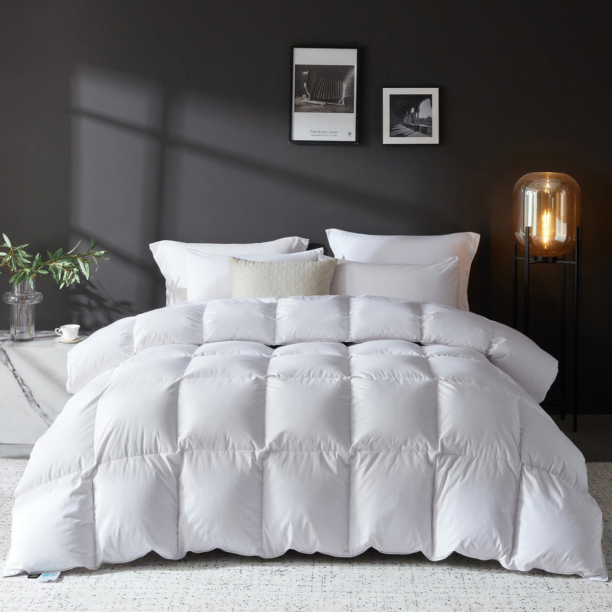Lovsoul goose-down fiber comforter on bed showing plush all-season warmth