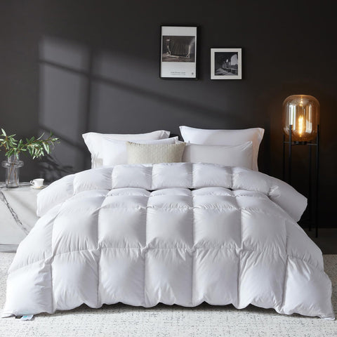 Lovsoul goose-down fiber comforter on bed showing plush all-season warmth