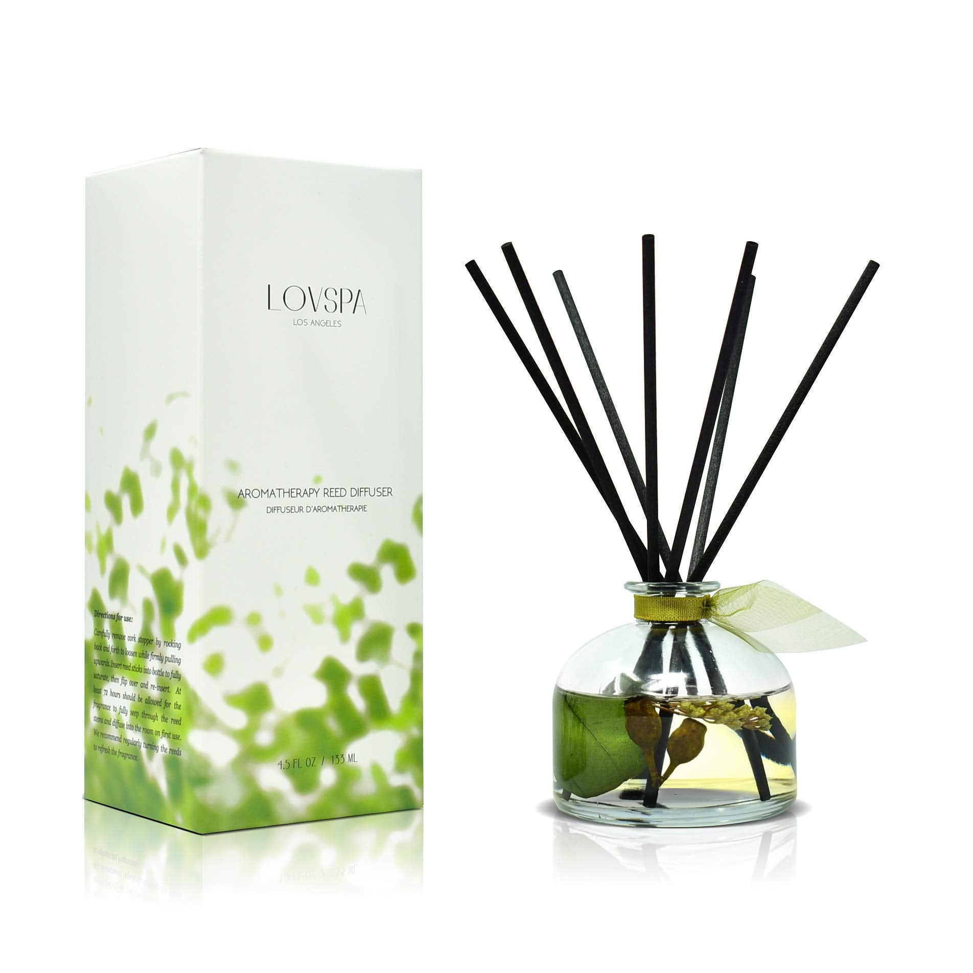 LOVSPA eucalyptus reed diffuser bottle on bathroom shelf for fresh fragrance