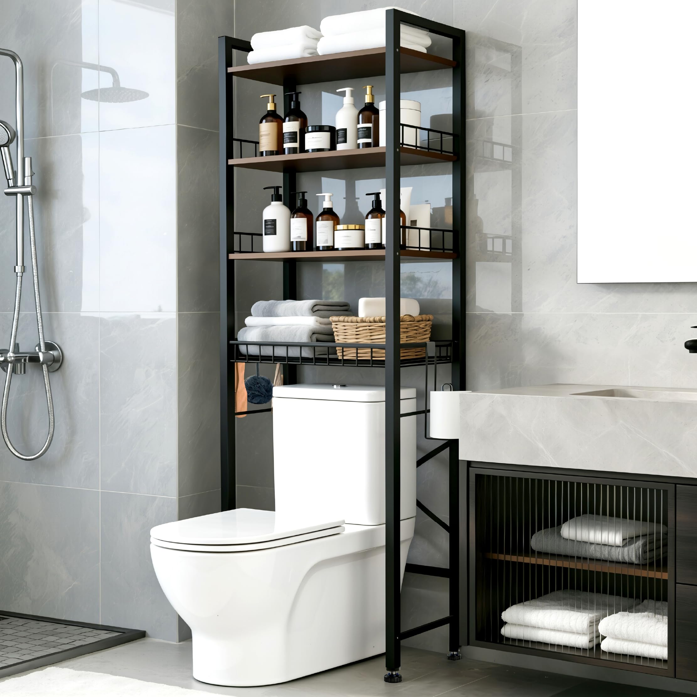 Lovswan over-the-toilet storage in use in a tidy bathroom