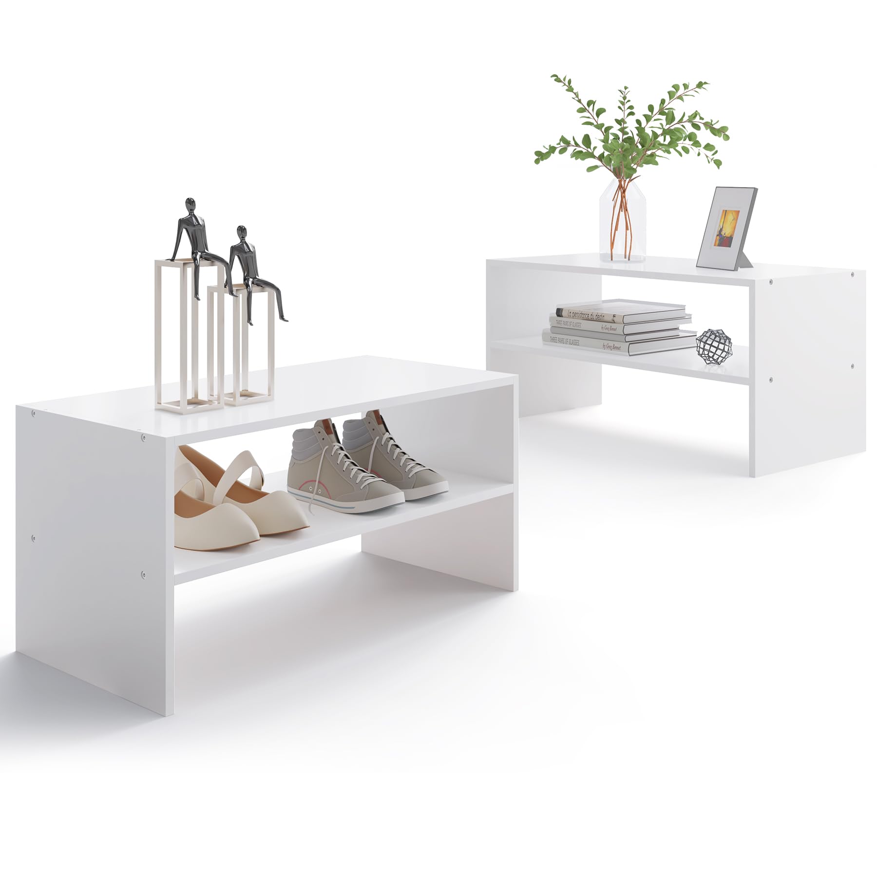LOWOSA 2-tier white shoe rack front view stores shoes neatly, saving closet space.
