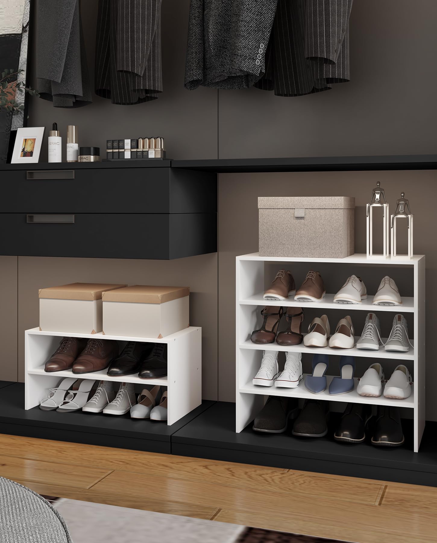 LOWOSA pack of 2 racks doubles storage capacity in a busy hallway.