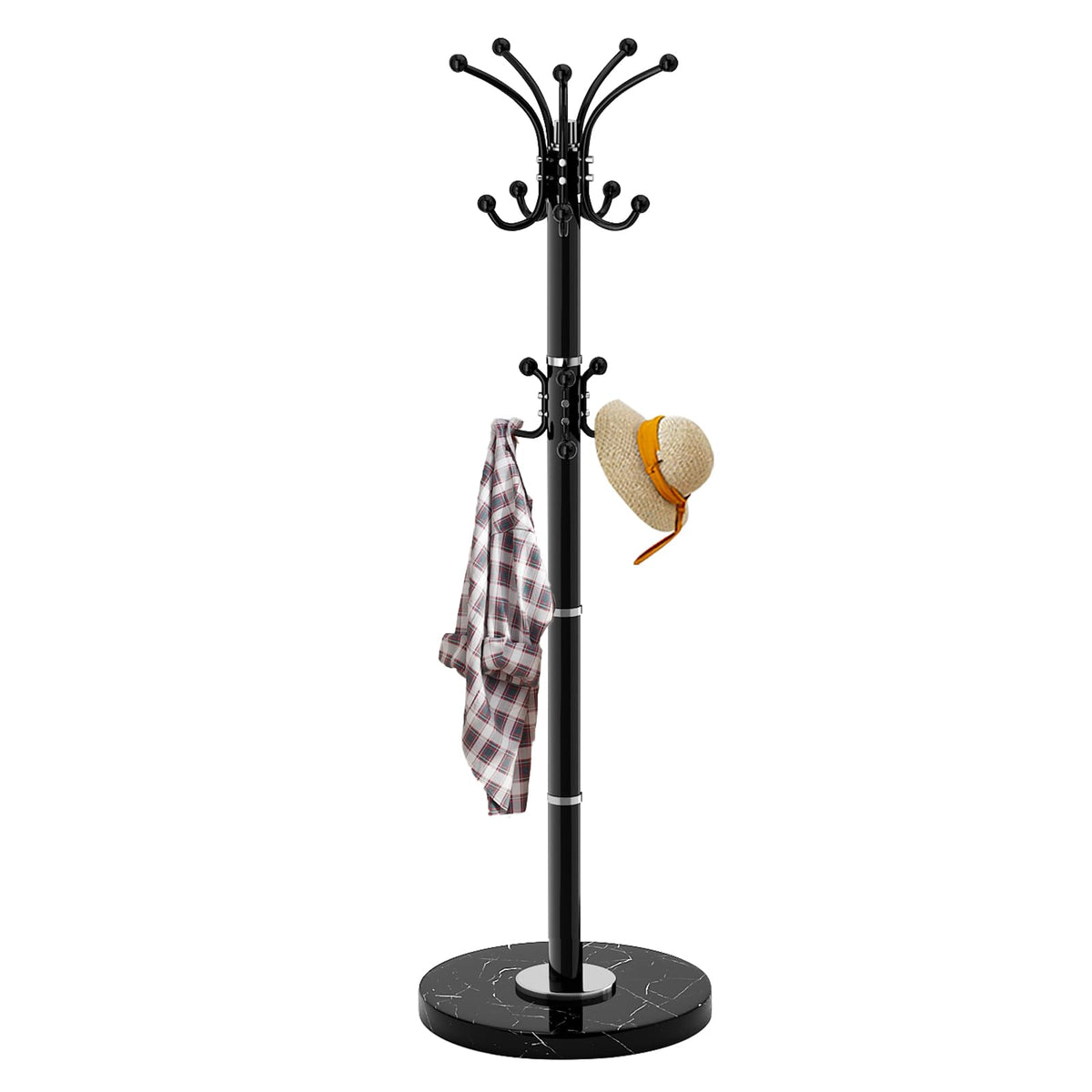 LOZABEE metal coat rack with 360° rotation for versatile hanging options.