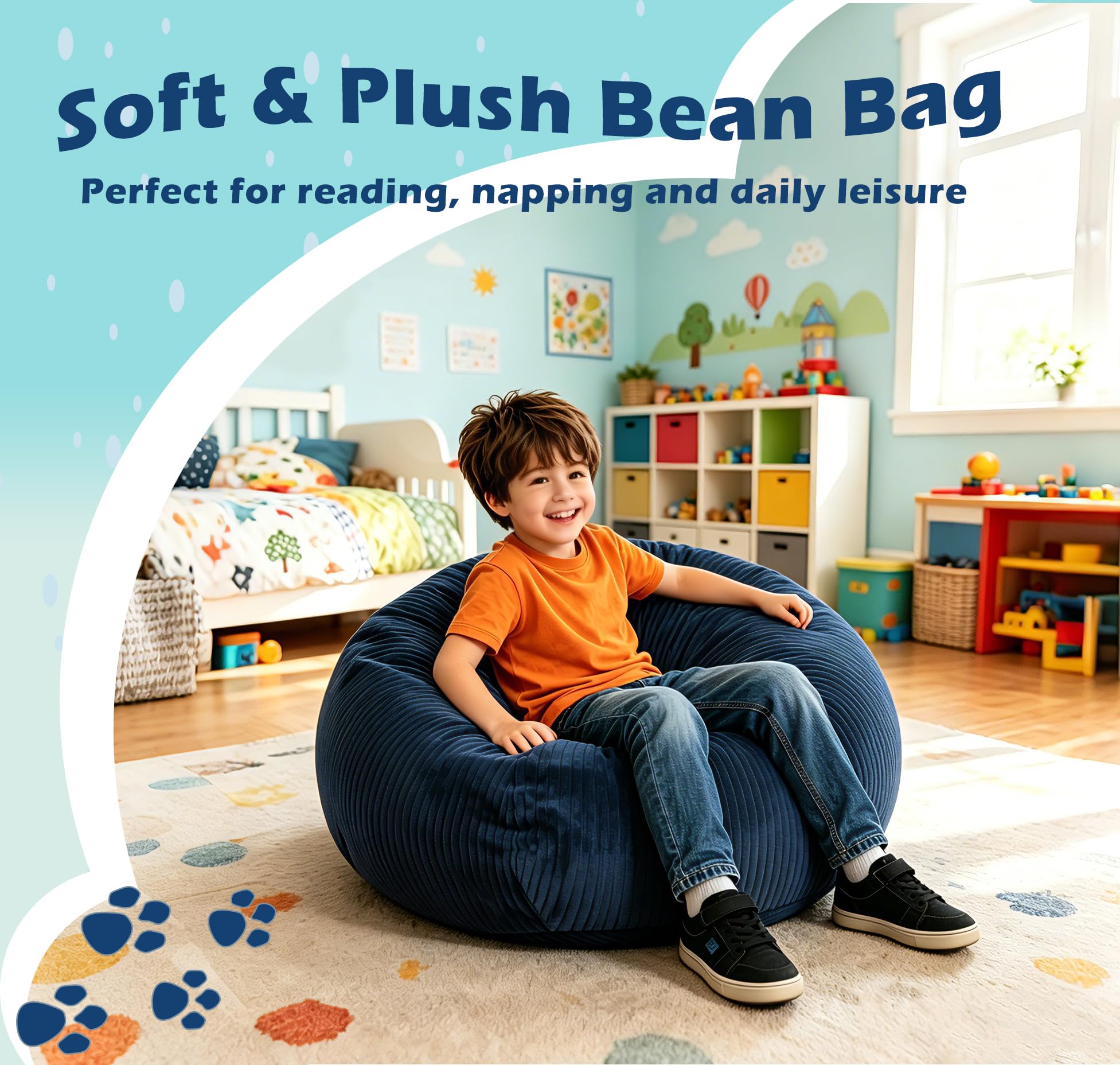 LPMOERA blue corduroy bean bag chair suitable for dorms and lounges