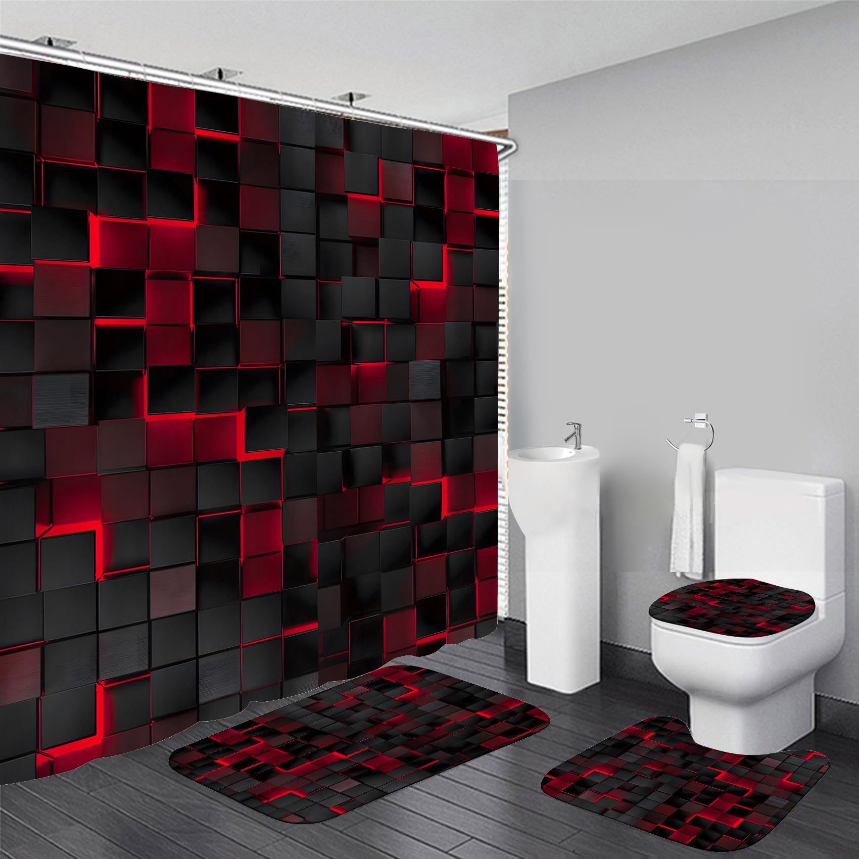 LQCOOL 4Pcs shower curtain set with 3D cubes adds modern bathroom style and privacy.