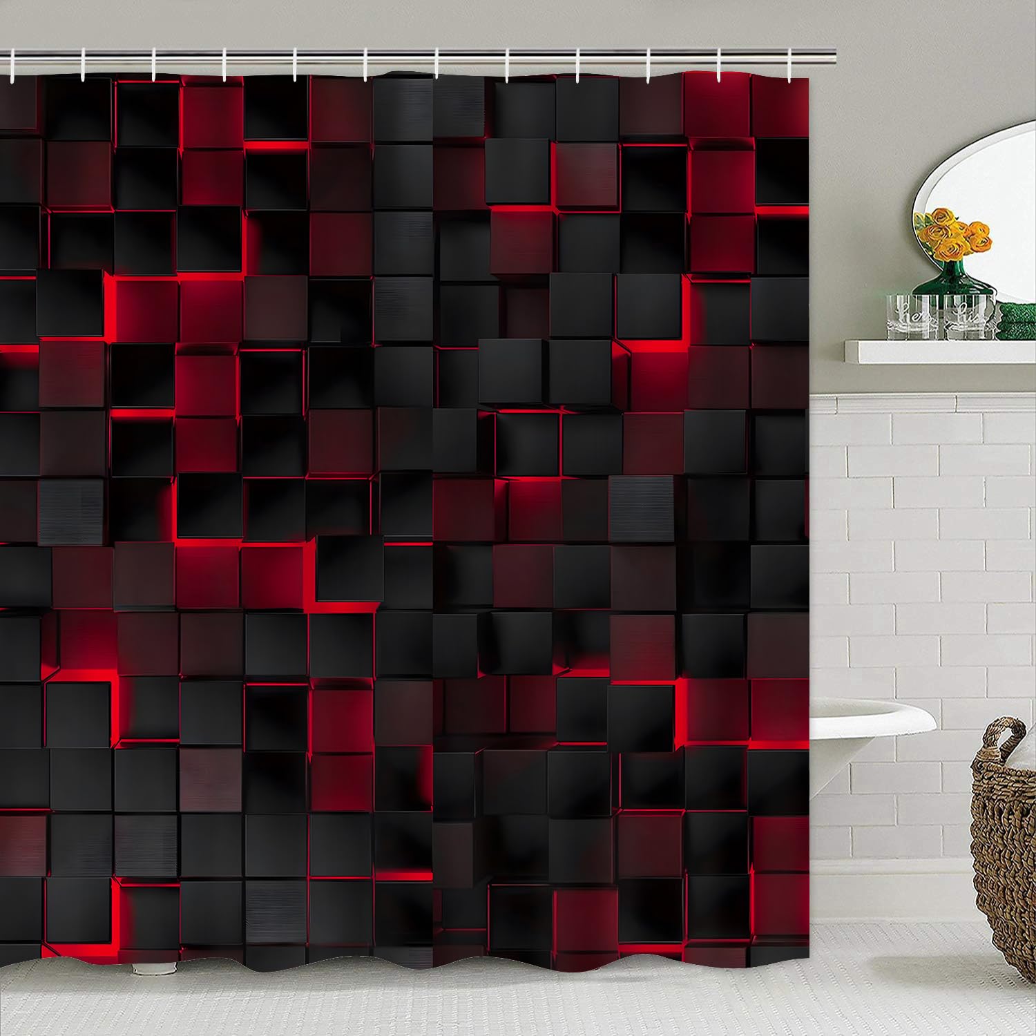 LQCOOL shower curtain close-up shows waterproof fabric for damp bathrooms.
