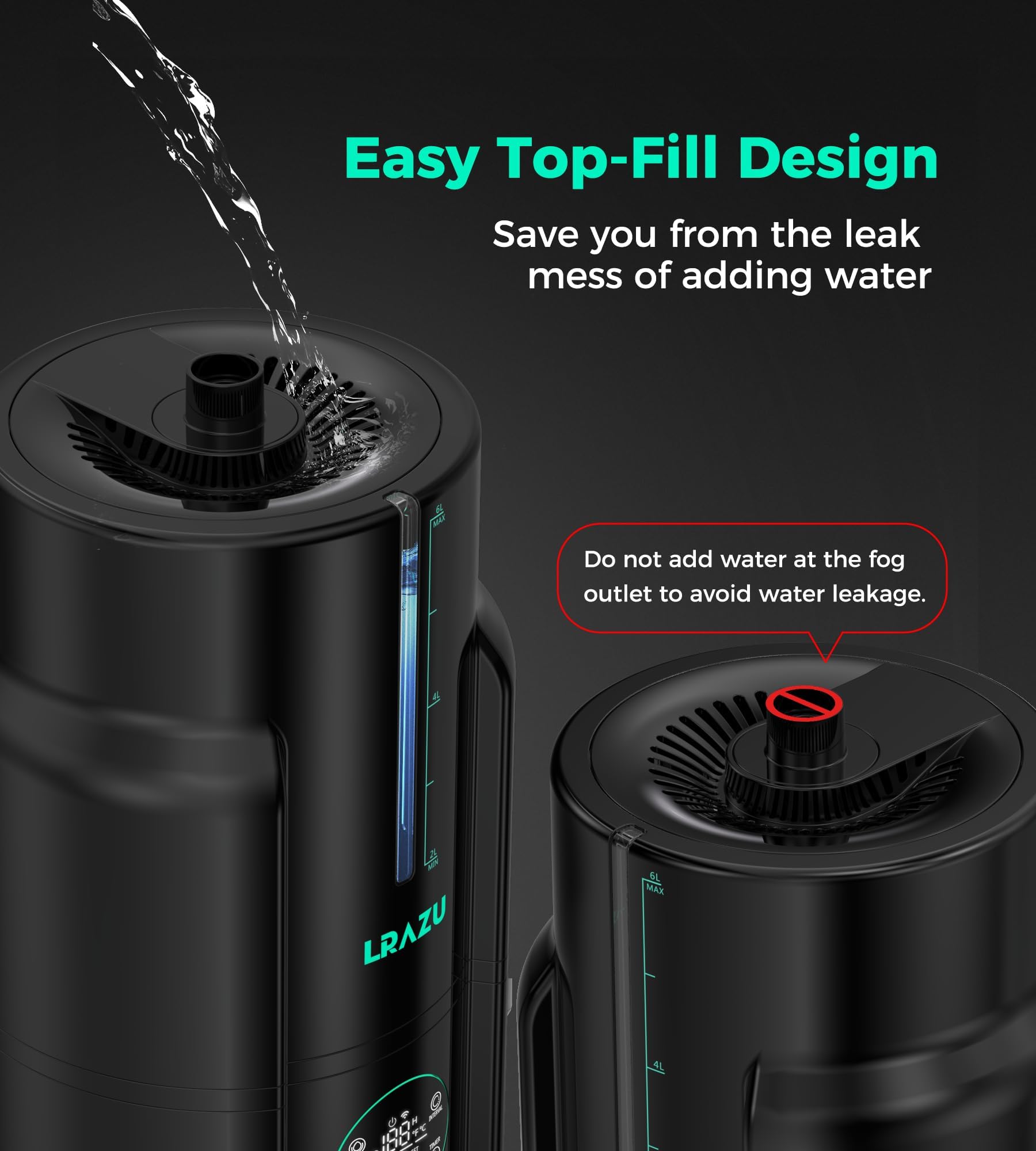 LRAZU dual-nozzle misting delivers humidity in two areas simultaneously.