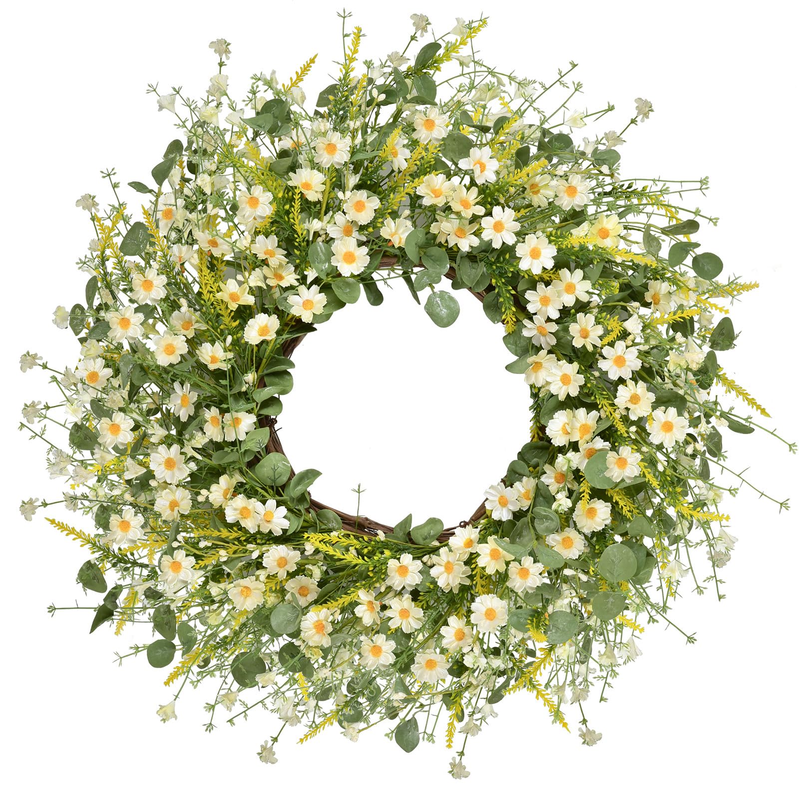 LSKYTOP daisy wreath with eucalyptus accents brightens the front door
