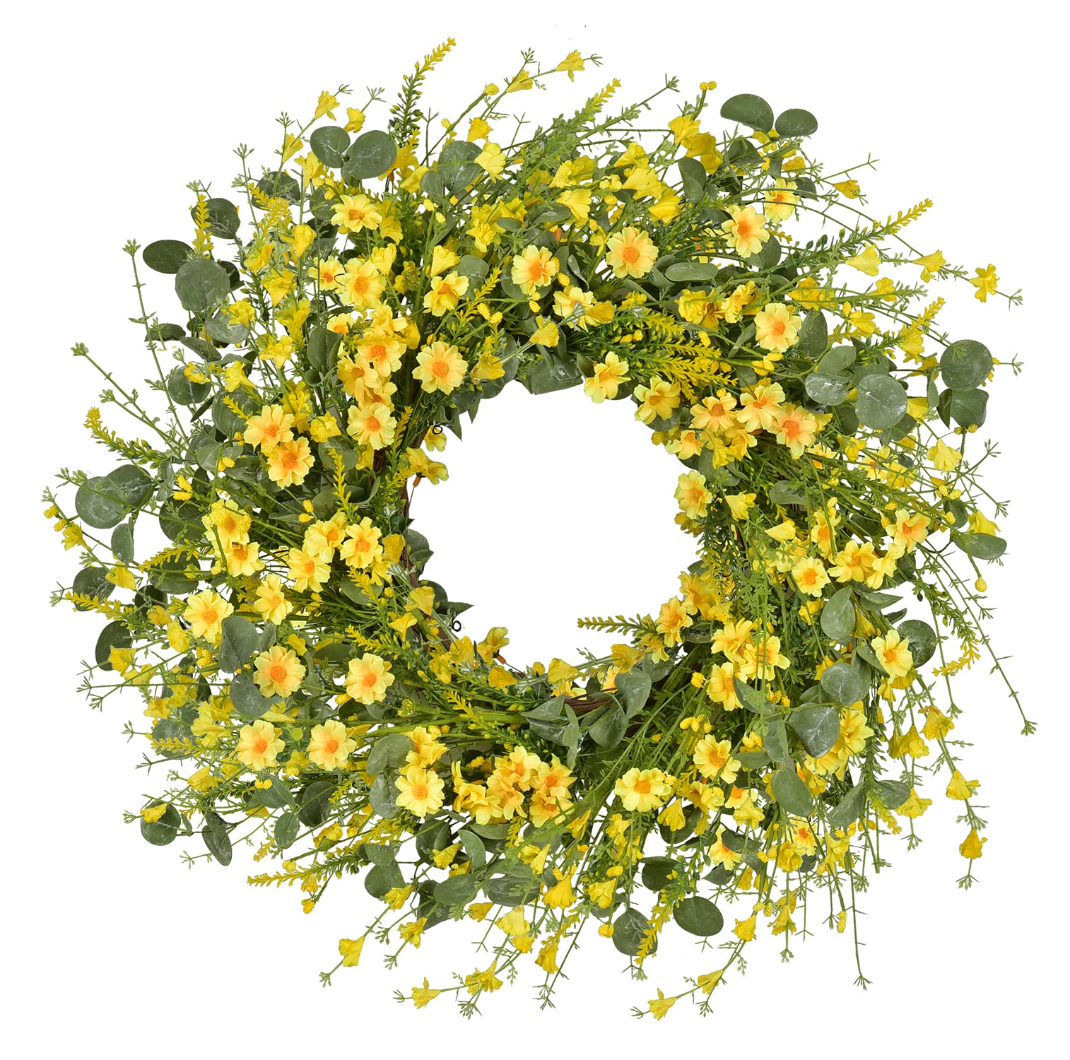 LSKYTOP 24-inch daisy wreath for front-door display with eucalyptus.