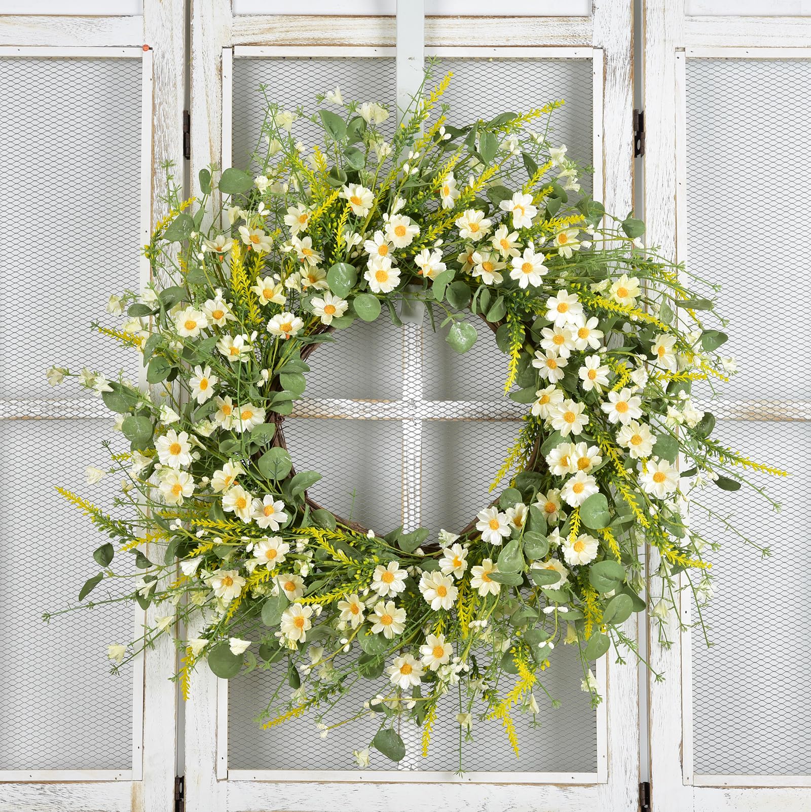 LSKYTOP handmade floral wreath features lavender and daisies for garden vibes