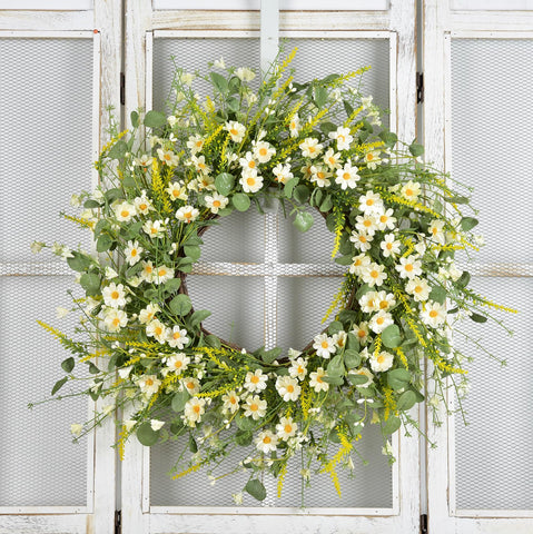 LSKYTOP handmade floral wreath features lavender and daisies for garden vibes
