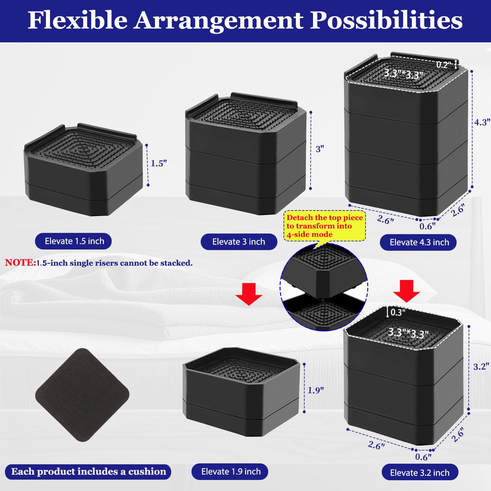 Lsteekoop bed risers at 3-inch height to elevate desks or beds.