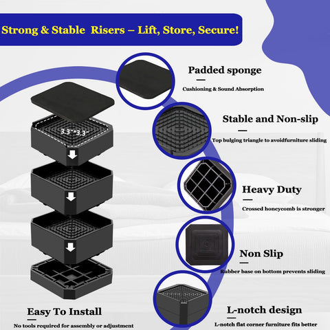 Lsteekoop bed risers at 4.3-inch height for full-height elevation.