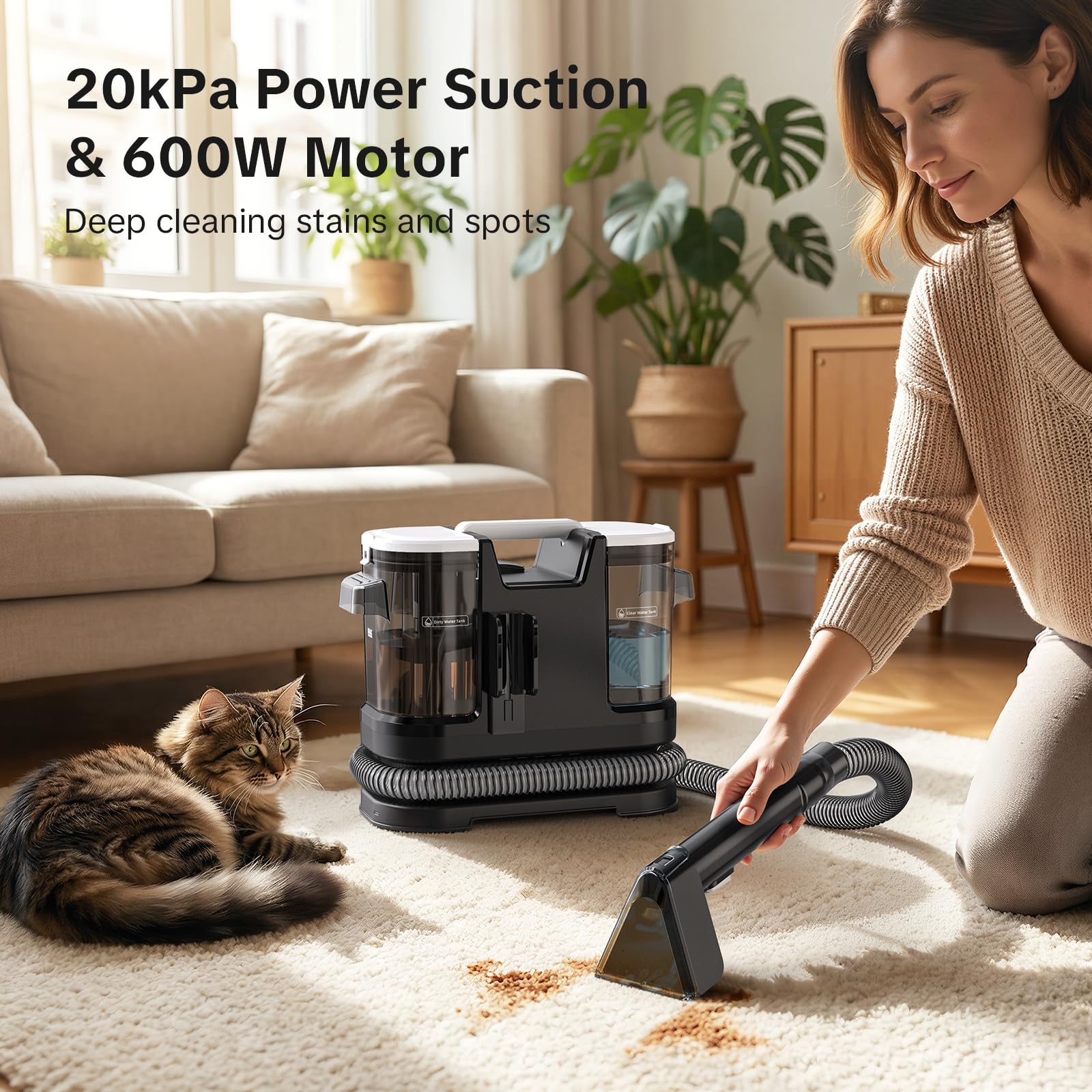 Lubluelu Upholstery Cleaner showing 20 kPa suction on fabrics