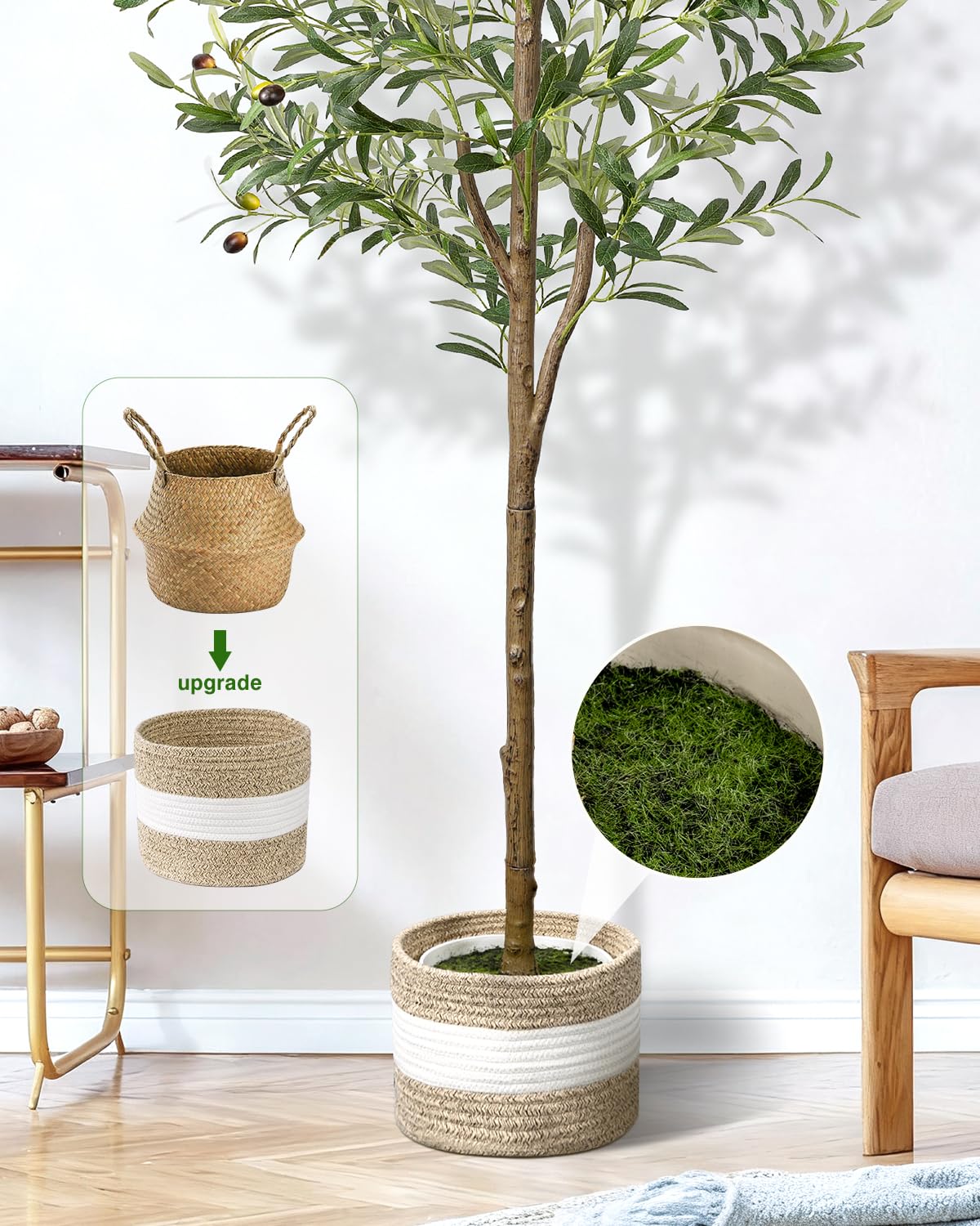 LuceAlberi olive tree in woven basket adds Mediterranean flair to entryway.